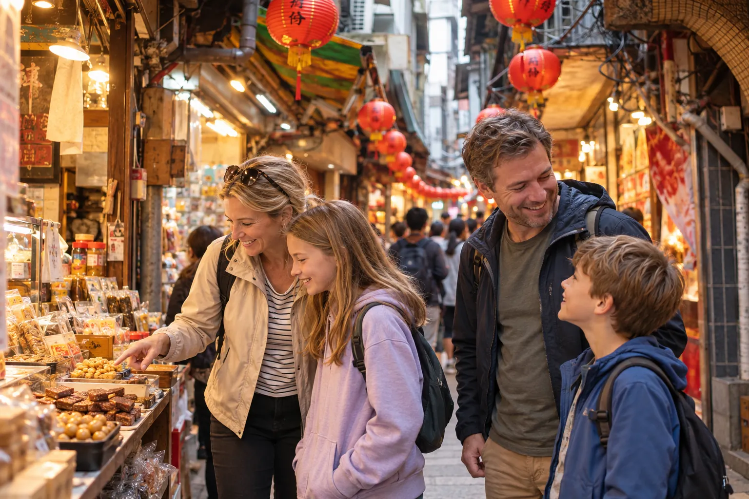 AI illustration of a Western family browsing a lantern-lined market lane in Jiufen.