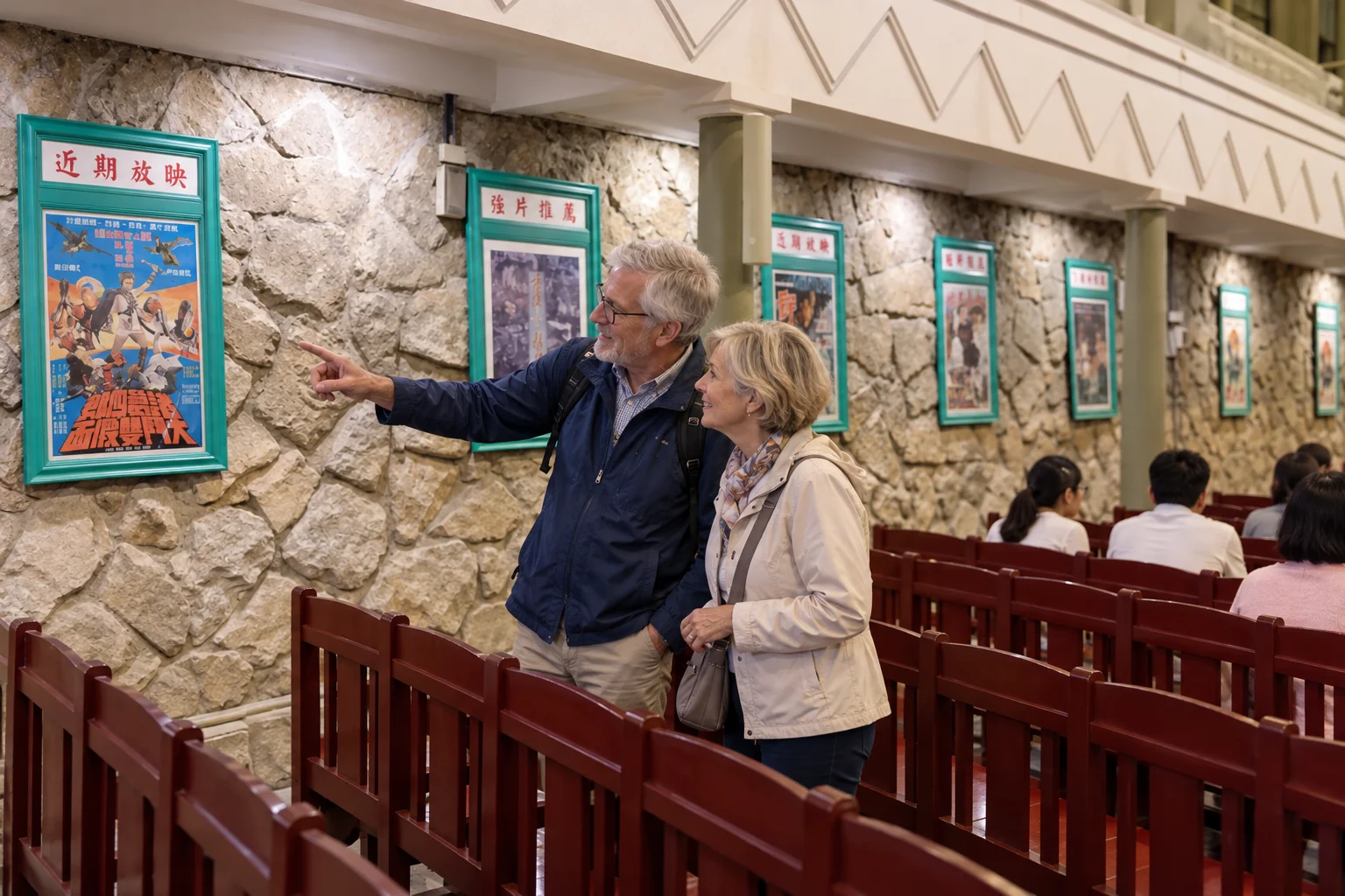 AI illustration of an older Western couple looking at vintage movie posters inside Shengping Theater.