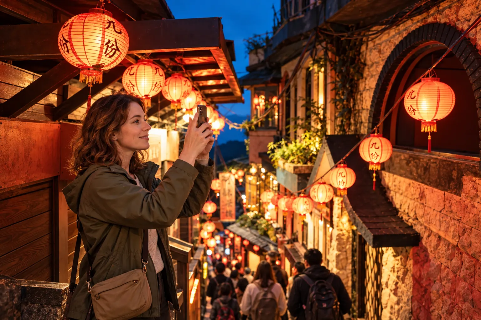 AI illustration of a Western traveler photographing red lanterns beside the steps of Shuqi Road at dusk.