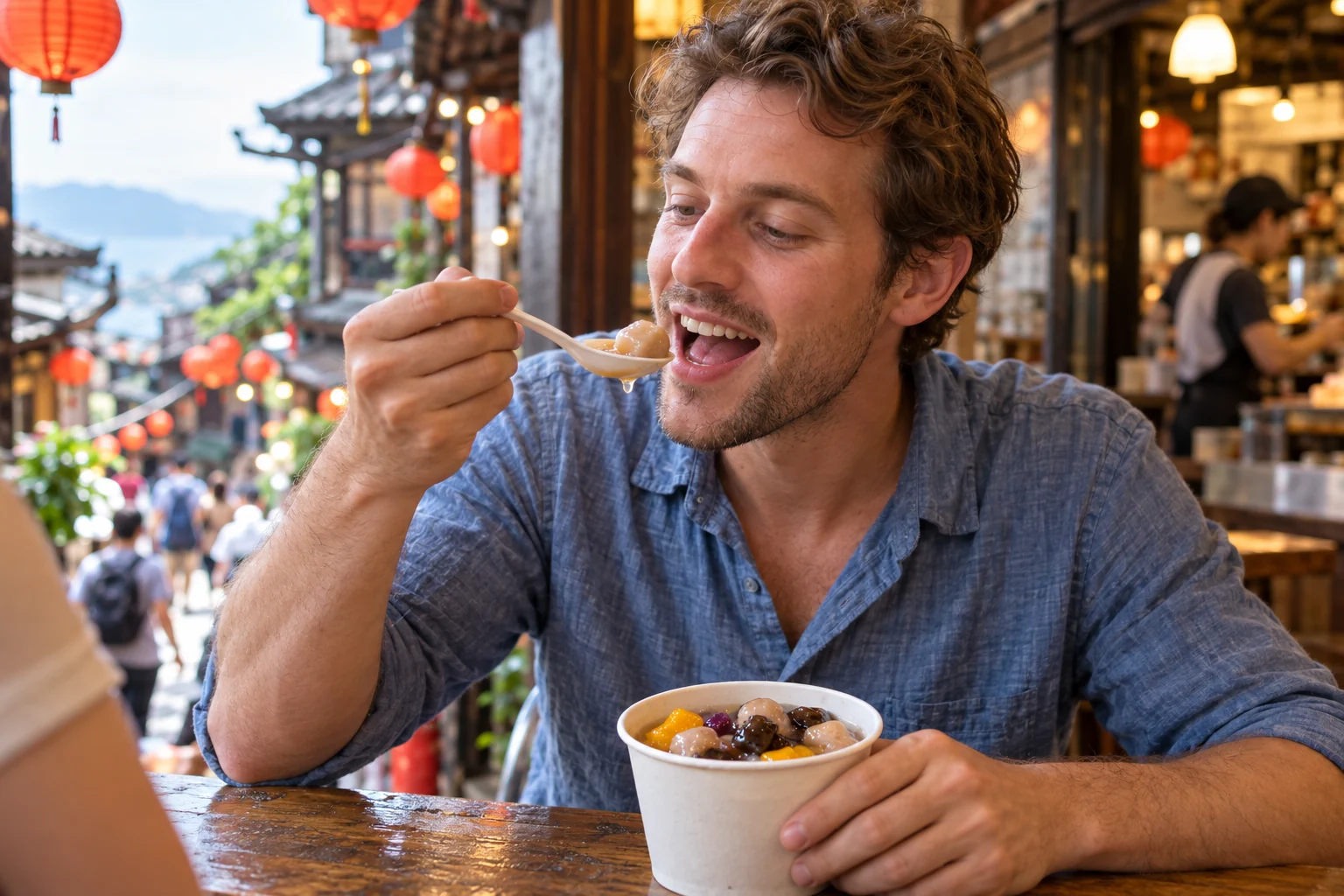 AI illustration of a Western traveler enjoying taro balls at a Jiufen-style snack shop.