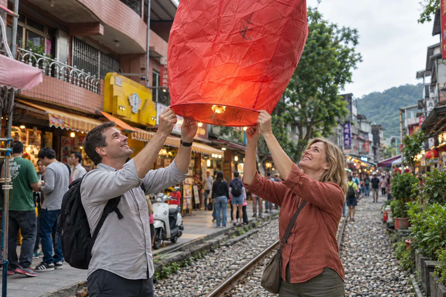 AI illustration of a Western couple preparing to release a red sky lantern on Shifen Old Street.